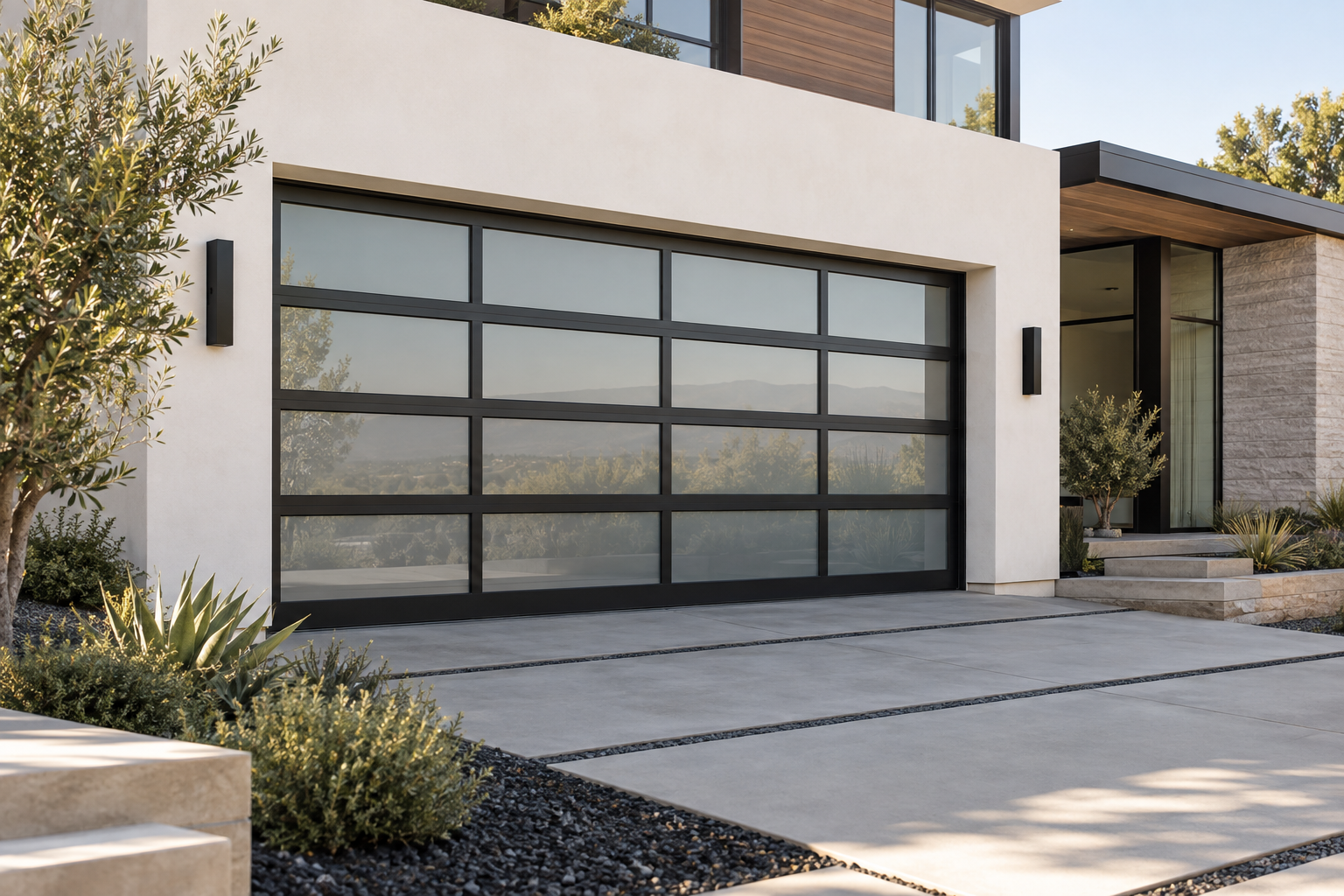 Full-view glass garage door on a contemporary home