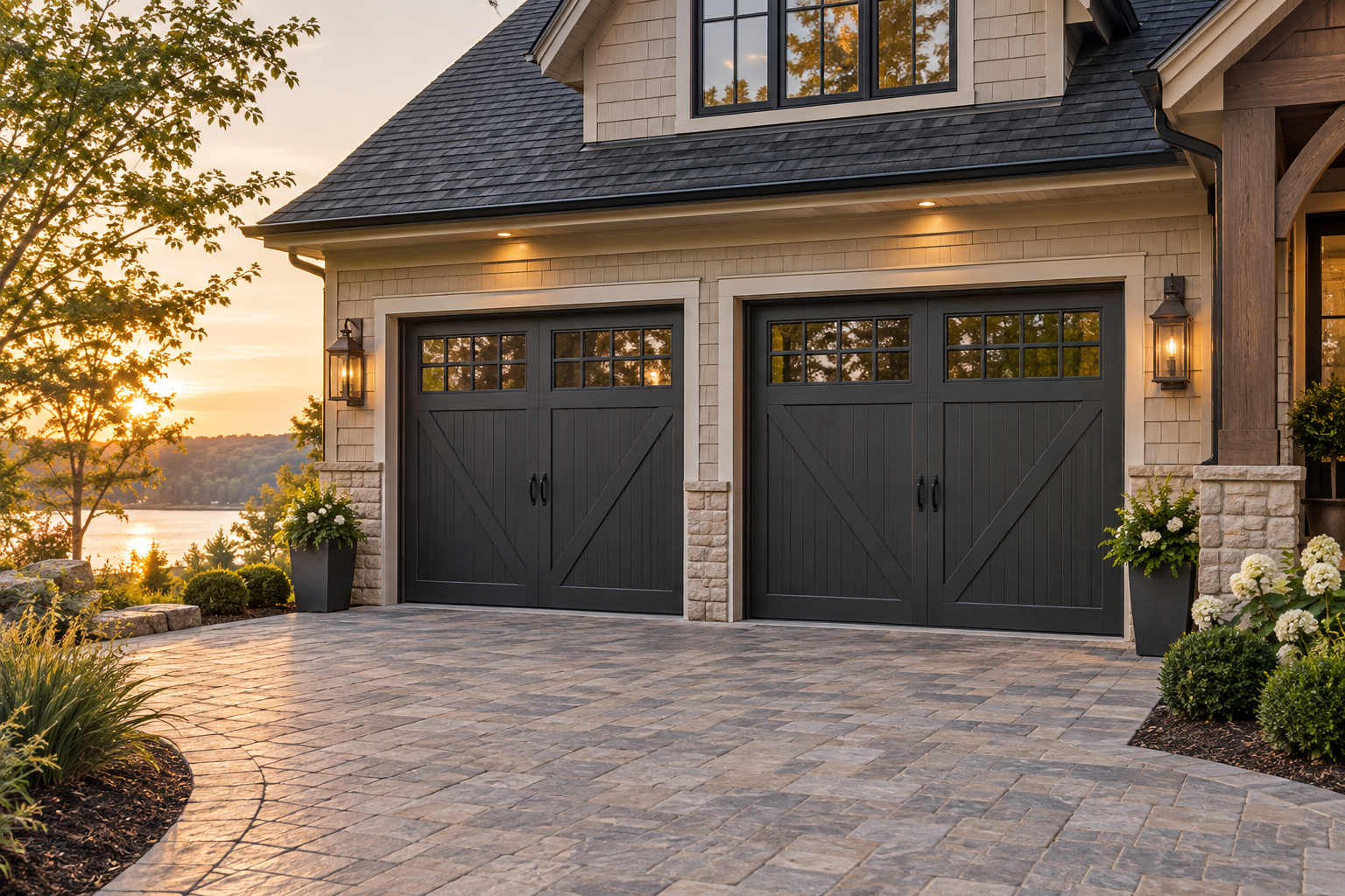 Carriage house garage doors on a refined home exterior