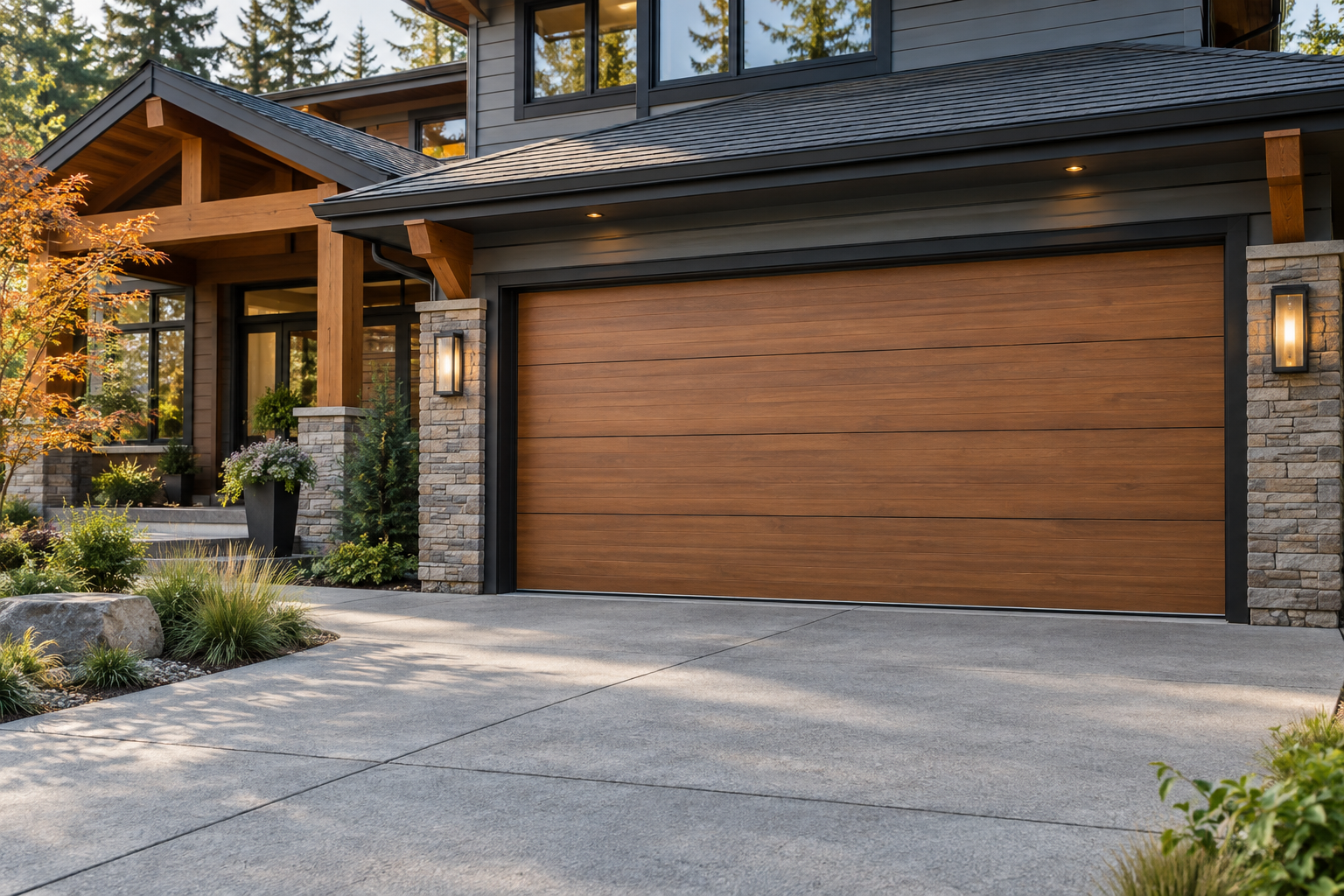 Contemporary wood-look garage door with natural texture