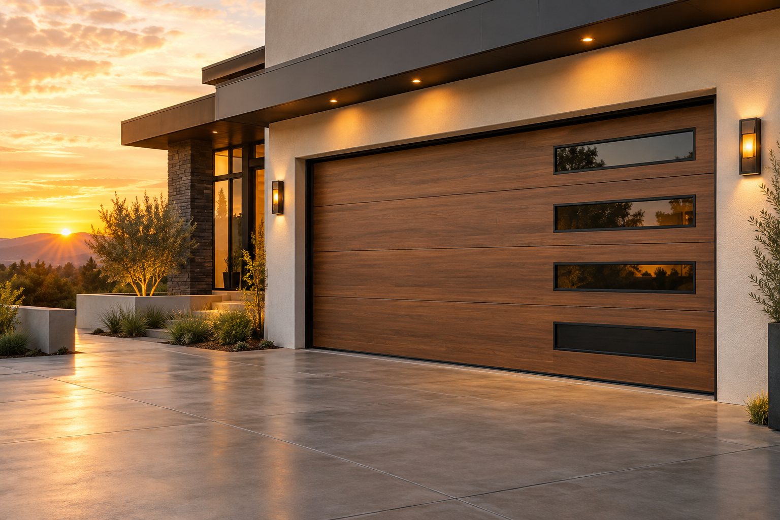 Modern wood-look garage door on a luxury home at sunset