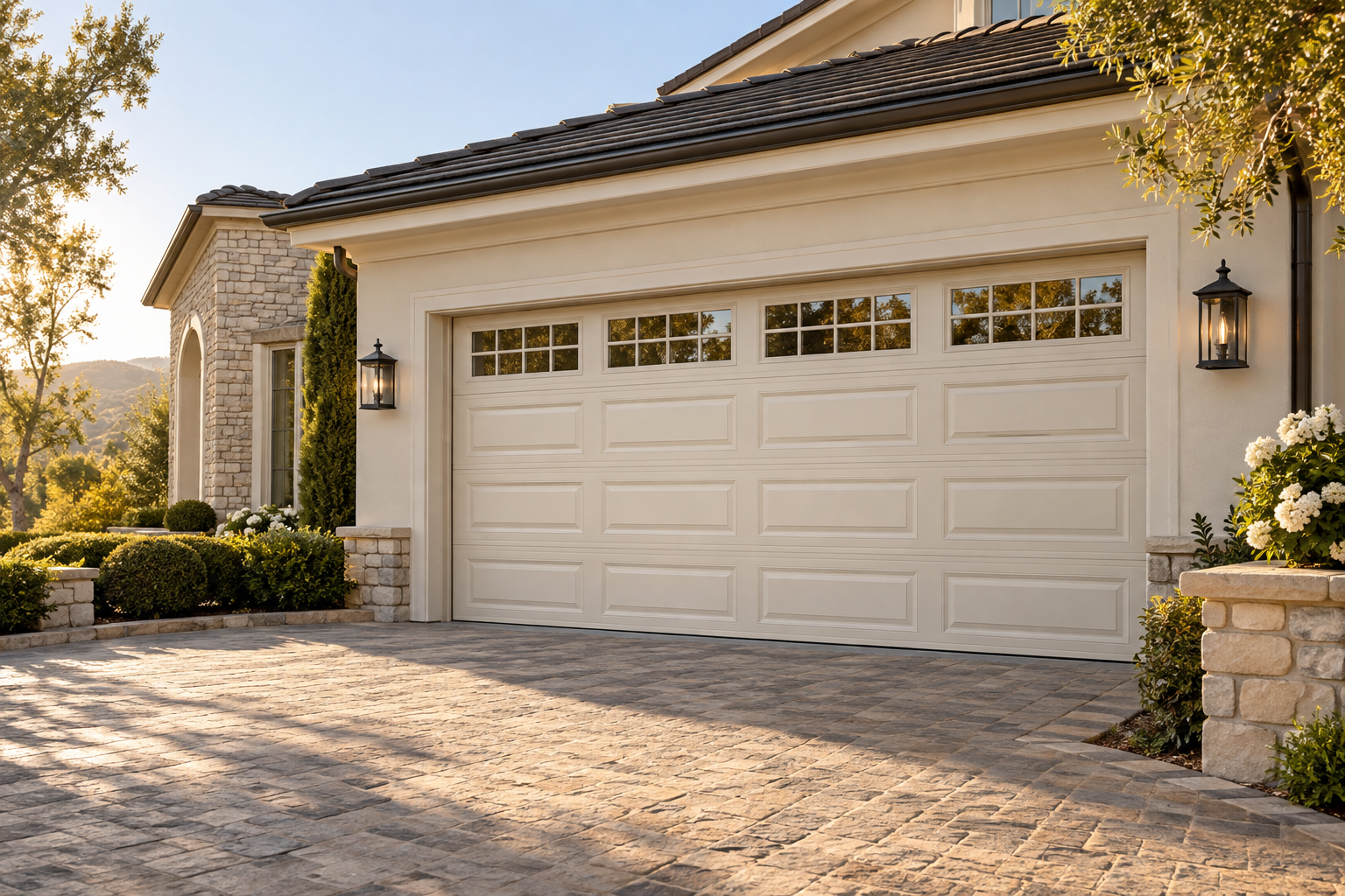 Classic insulated steel garage door on an elegant home